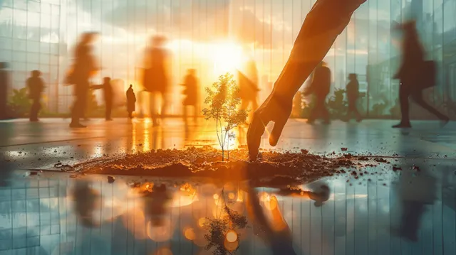 Business team silhouettes walk through glass office hall as sunlight flares behind