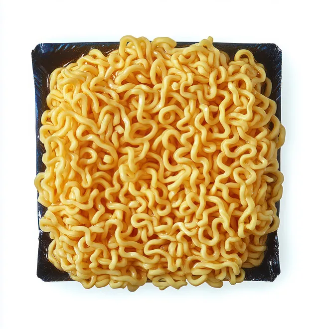 Square block of glossy instant ramen noodles on black tray against white background