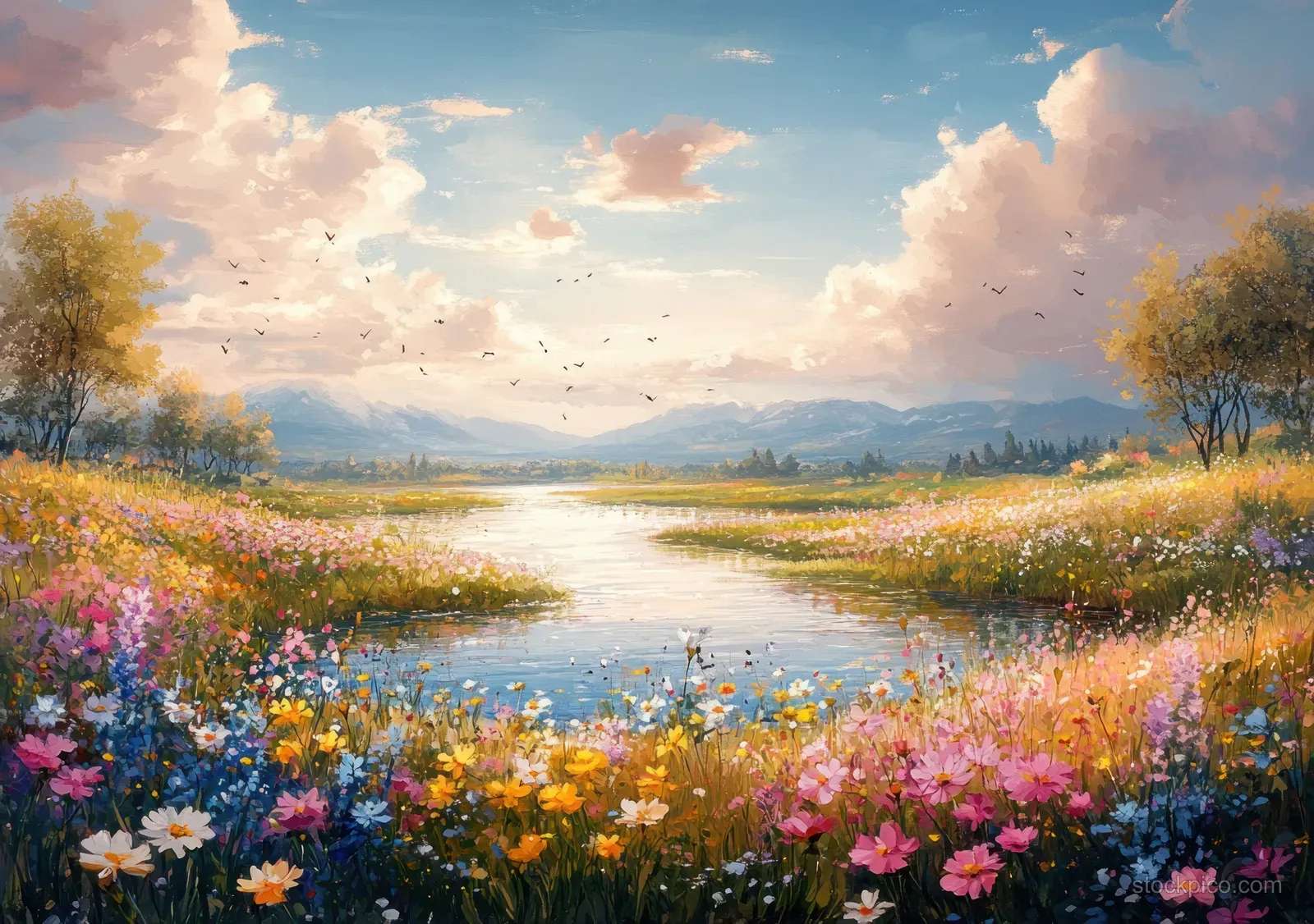 Watercolor river flowing through wildflower meadow with autumn trees and light morning mist in the sky.