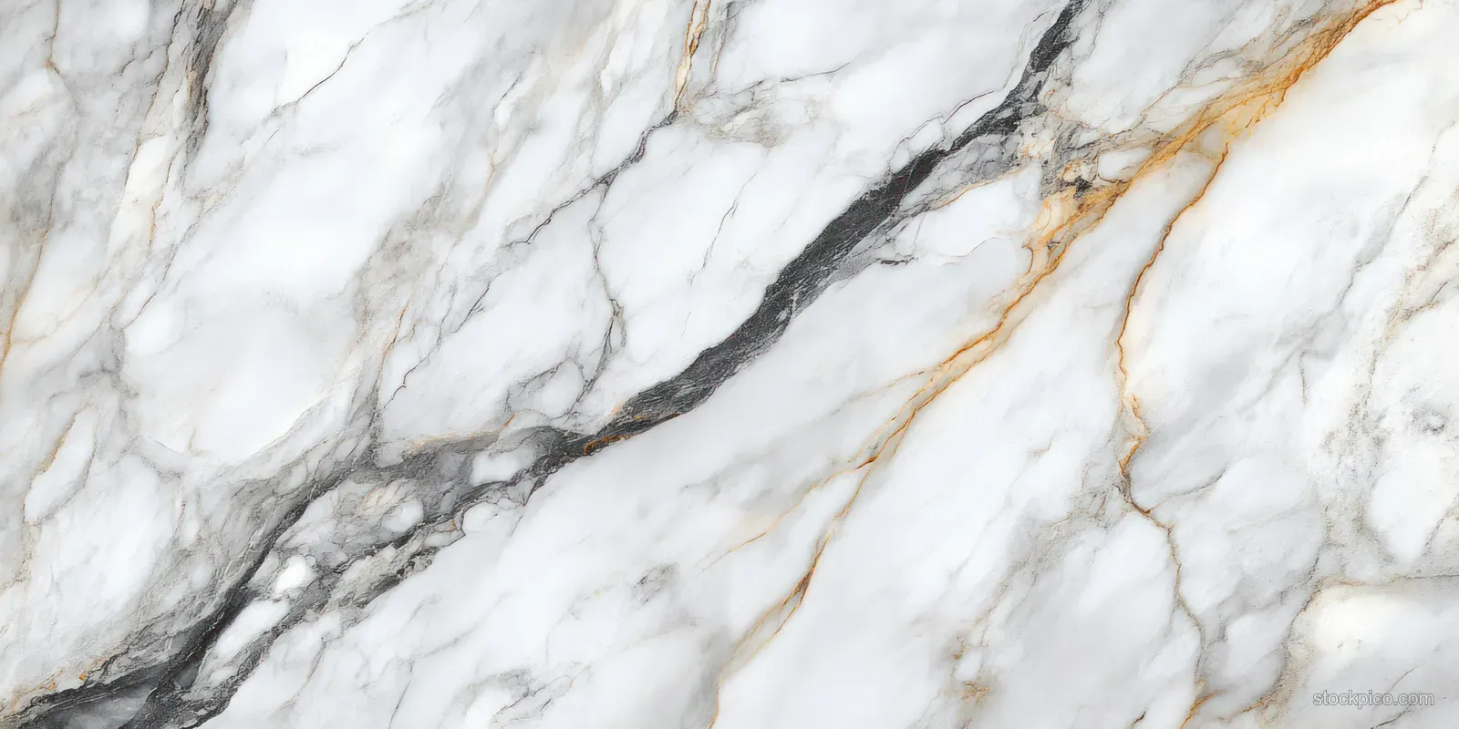 Polished white marble close-up with flowing grey and gold veining lines across the surface.