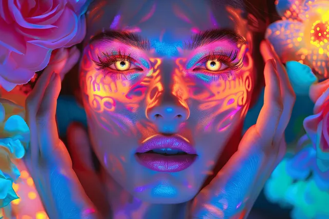 A woman with neon geometric face paint poses between colorful floral lights and glow effects.