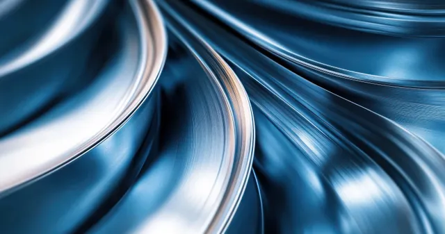 Close-up of curved reflective metal ribbons with flowing blue and silver highlights.