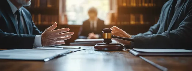 Lawyers gesture over documents on a courtroom table with a wooden gavel, with a judge blurred behind them.