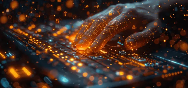 Glowing network cables form a tunnel with luminous encryption overlays over a dark background.