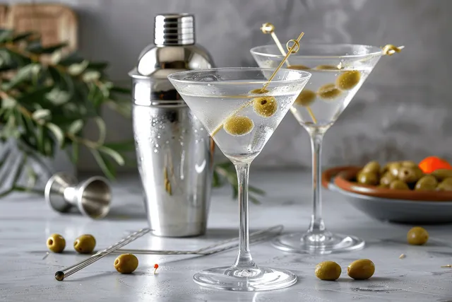 Two martini coupe glasses with olive garnish on a marble bar counter beside a metal ice bucket.