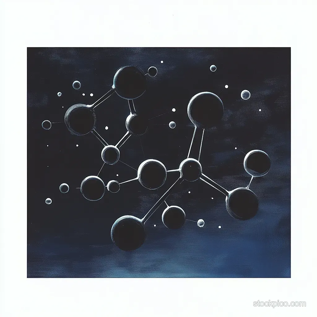 Abstract 3D molecular network of dark spheres connected by thin rods on a dark blue background.