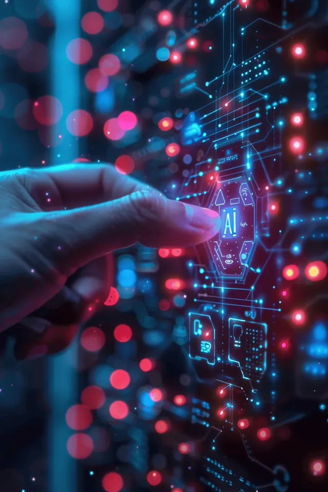 Hand touching glowing AI circuitry on a digital cloud data network