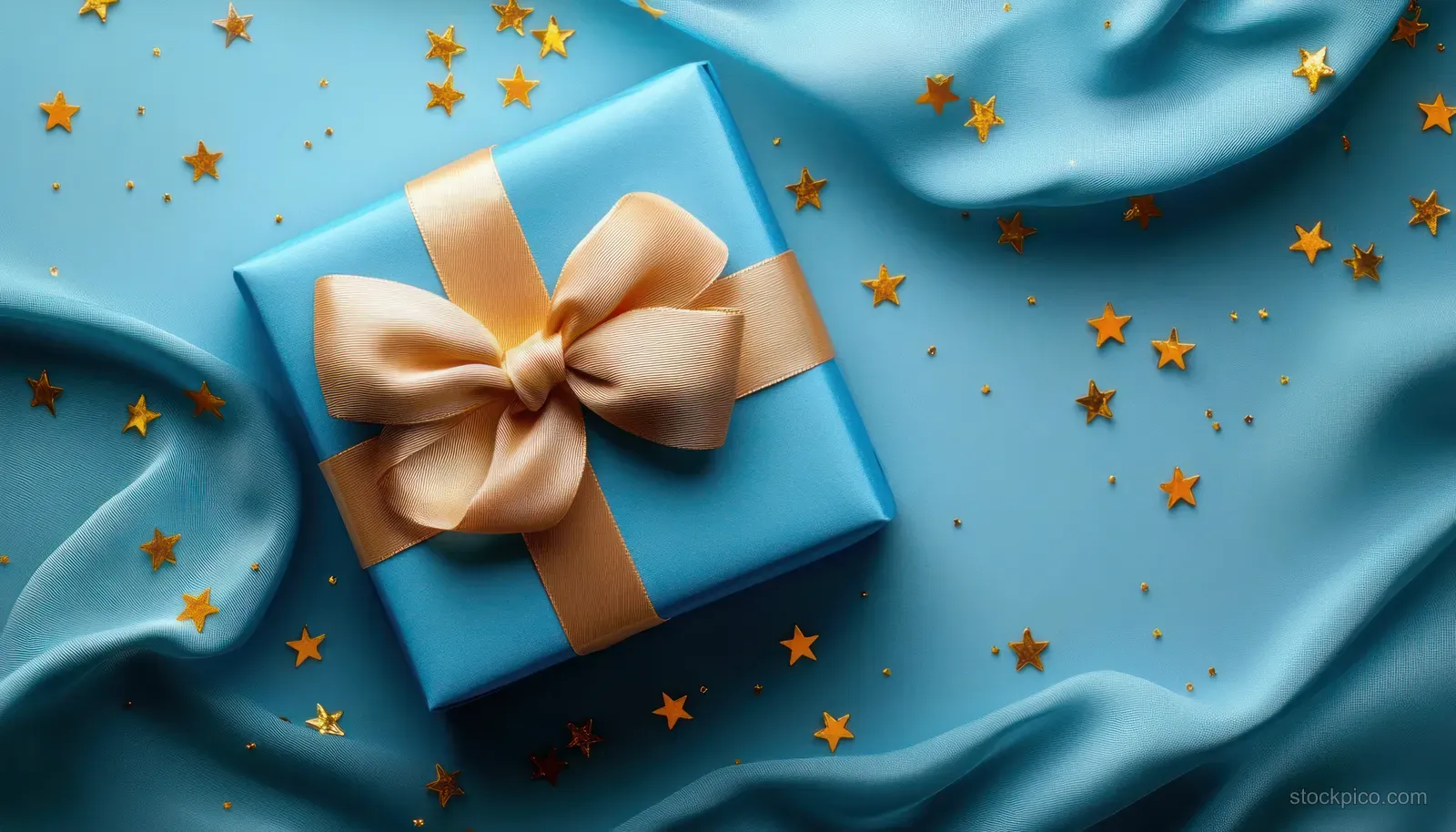 Blue gift box with cream satin ribbon bow on blue fabric with scattered gold star confetti.