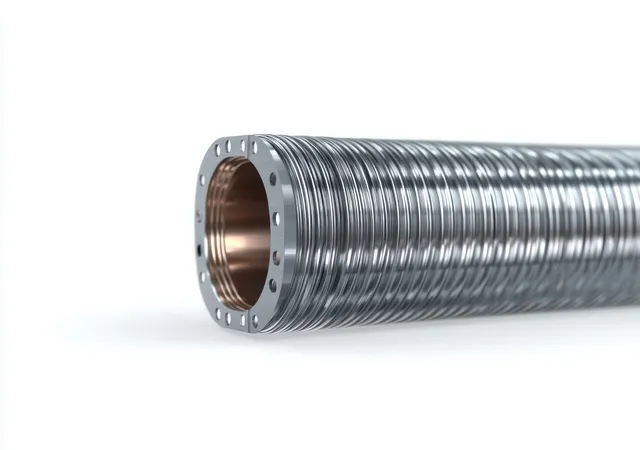 Close-up of a reflective corrugated metal hose with copper inside and a circular mounting flange at one end.
