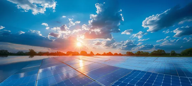 Solar panels absorbing sunlight at a photovoltaic power station during sunrise