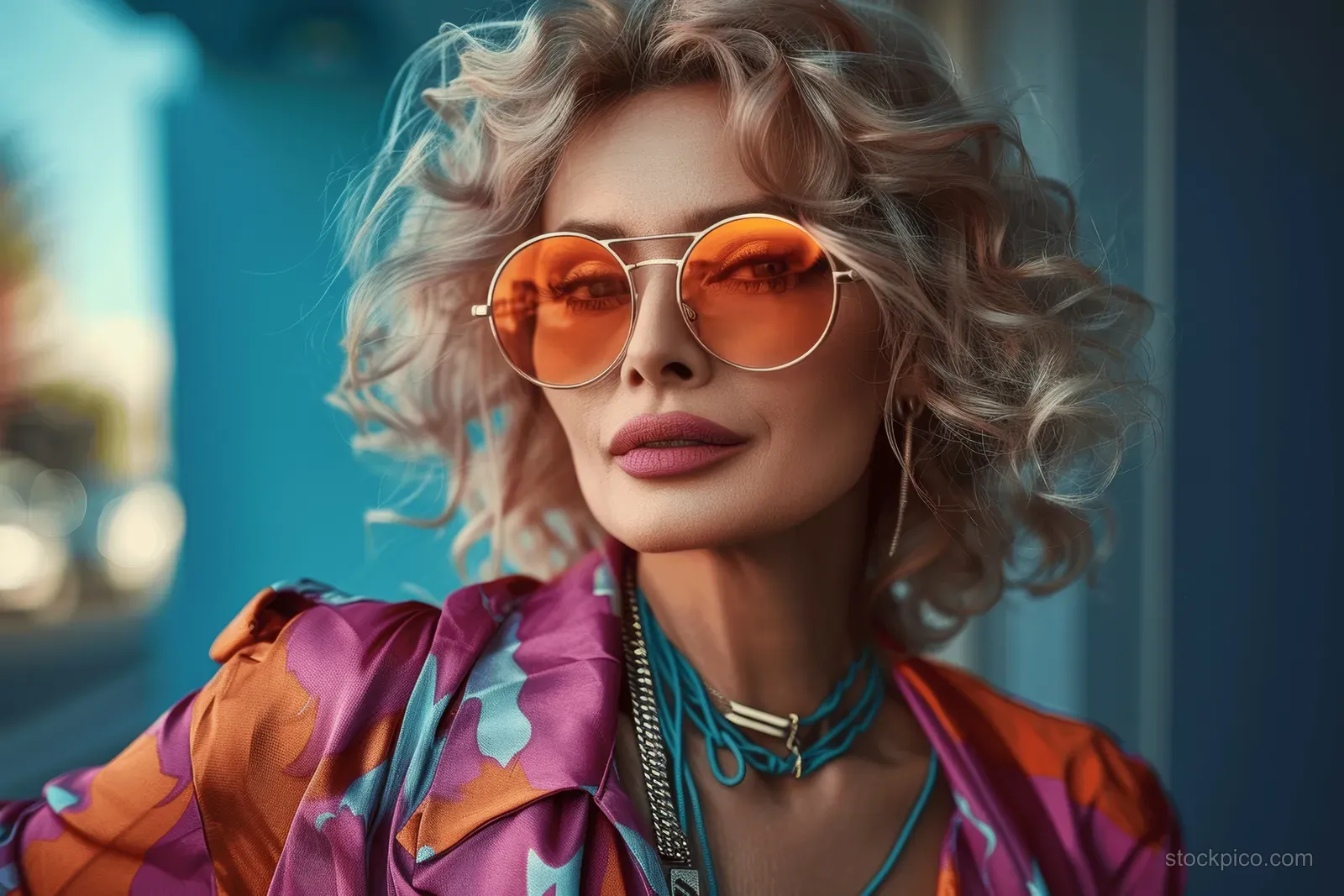 Smiling elderly woman wearing orange sunglasses and a colorful jacket in an isolated studio portrait.