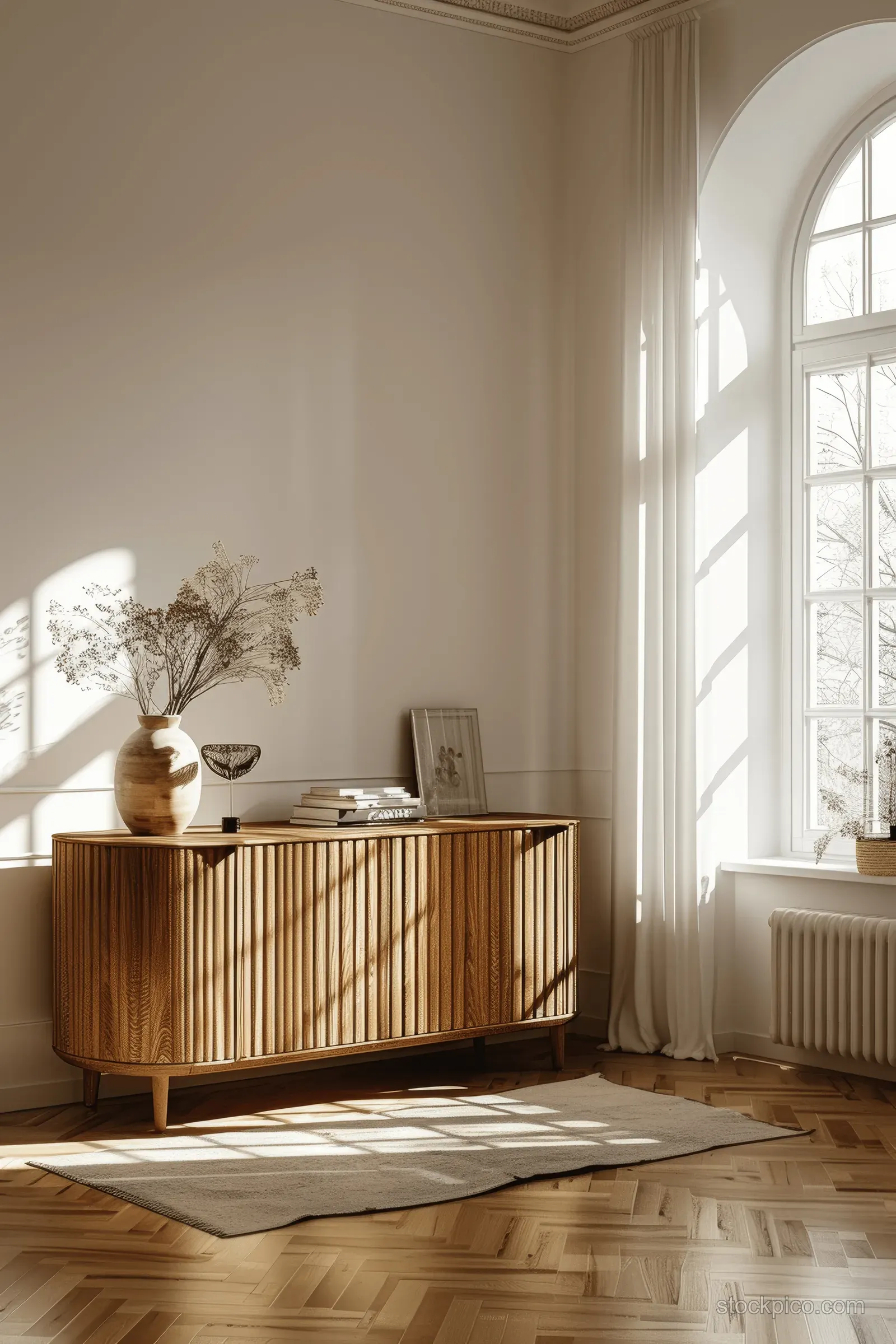 Sunlit minimalist room with a wooden sideboard, parquet floor, and bright arched windows casting soft shadows.