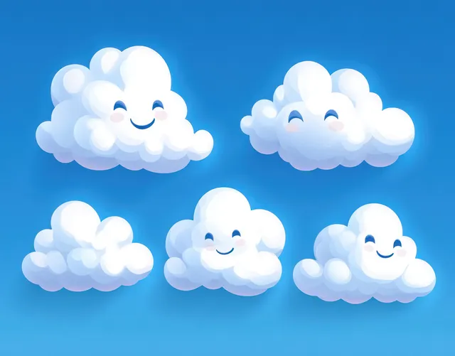 Five fluffy smiling cartoon clouds floating on a bright blue sky background