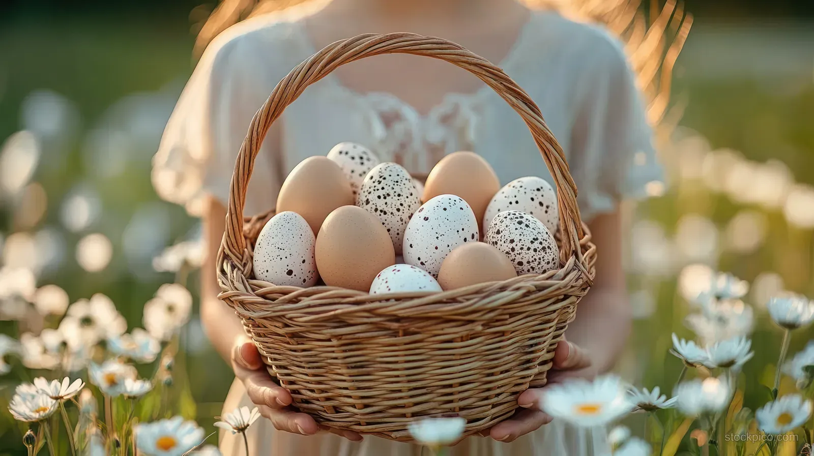 Hands hold a woven basket filled with speckled and plain eggs in a sunny daisy field.