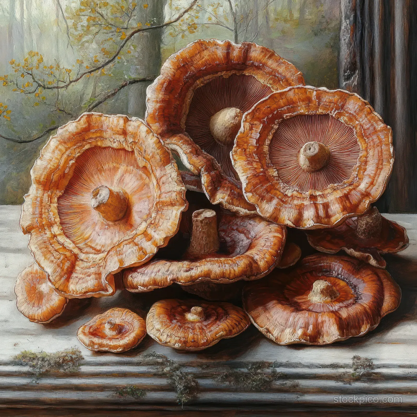 Brown mushroom caps with circular gills rest on damp wood in a misty forest with mossy textures.