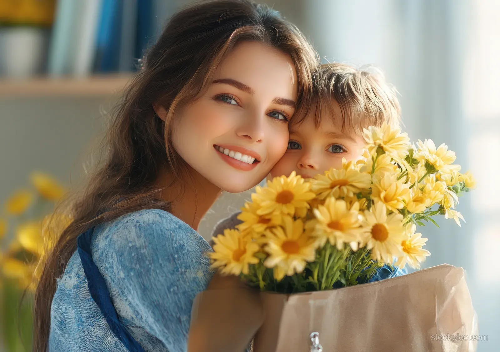 Mother hugs a smiling child while holding a bouquet of yellow flowers indoors near a desk and laptop.