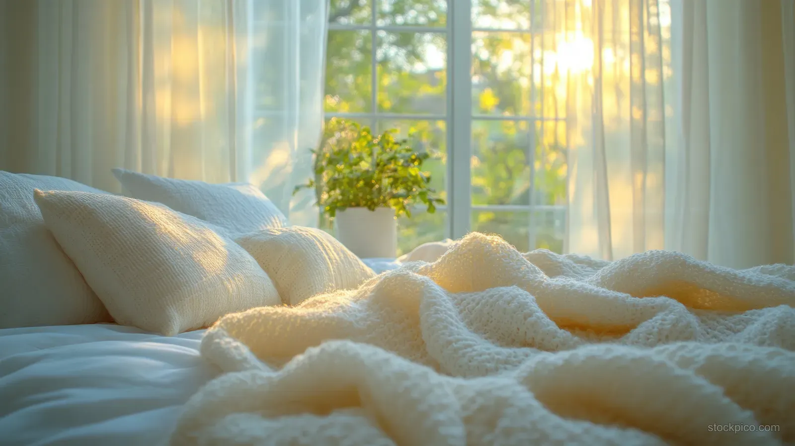 Sunlight through sheer curtains brightens fluffy white pillows and a crumpled blanket in a serene bedroom.