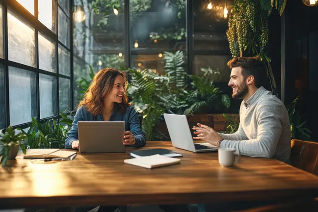 Two colleagues discussing business technology over laptops at a sunlit office desk with greenery