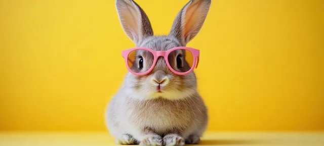 Rabbit Wearing Pink Sunglasses on Yellow Easter Background