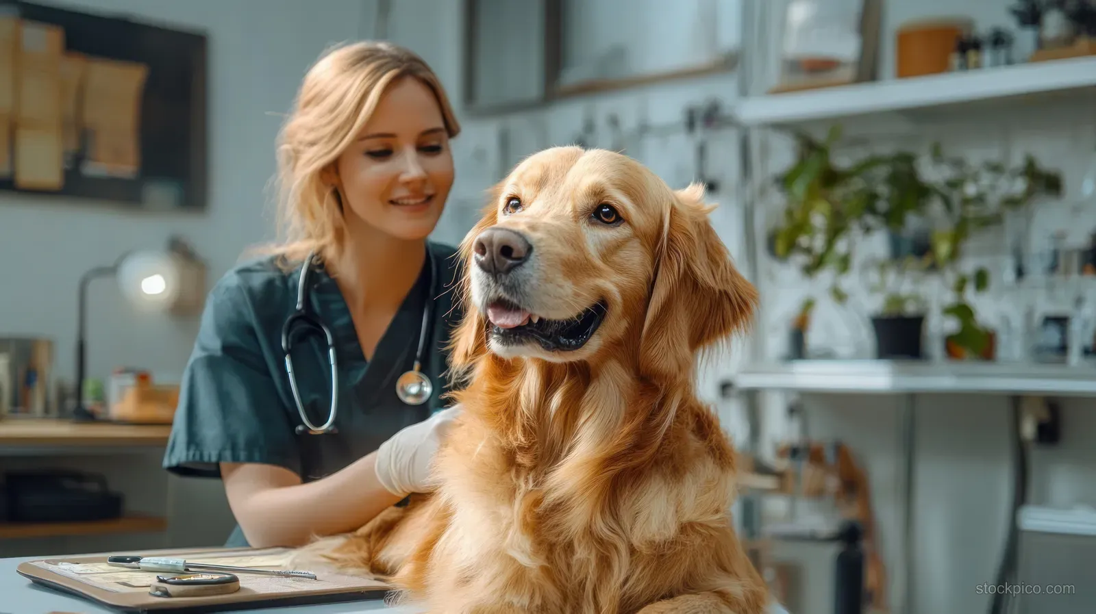 A smiling veterinarian pets a golden retriever in a modern clinic exam room with medical equipment nearby.