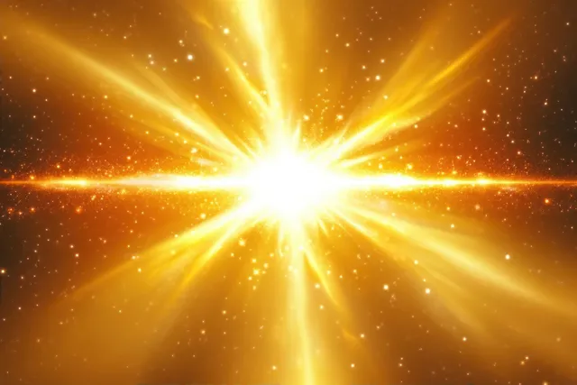 Golden energy explosion bursts outward with luminous beams and sparkling particles in deep space