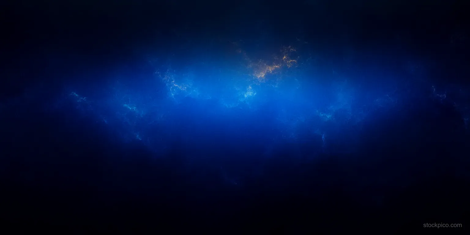 A dark outer space background with glowing blue nebula clouds and faint orange highlights.