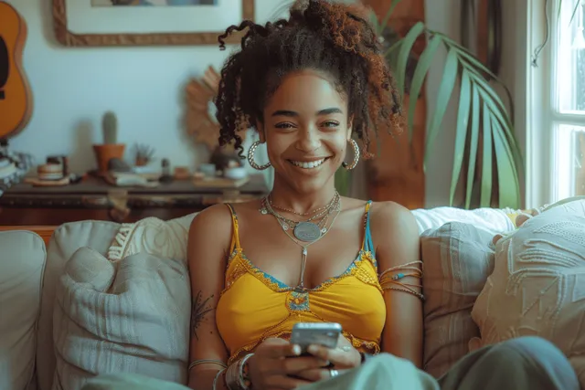 Smiling young Black woman cheering on sofa with smartphone in hand, victory fist pose