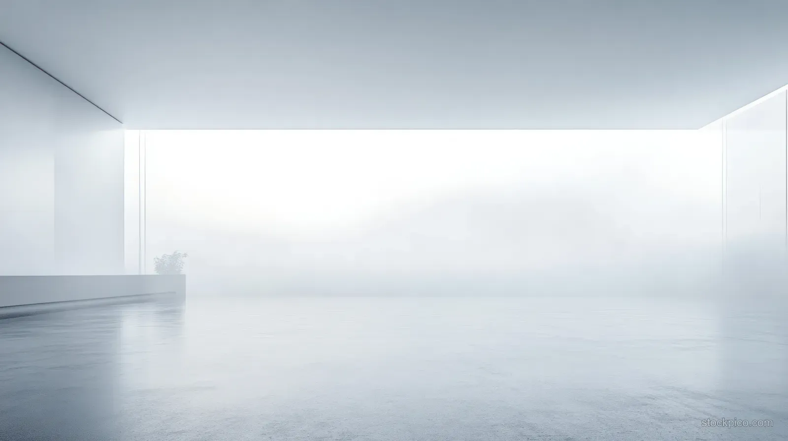 Minimalist empty room with glass walls and soft daylight, showing a foggy view beyond.