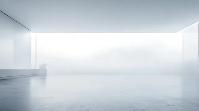 Minimalist empty room with glass walls and soft daylight, showing a foggy view beyond.