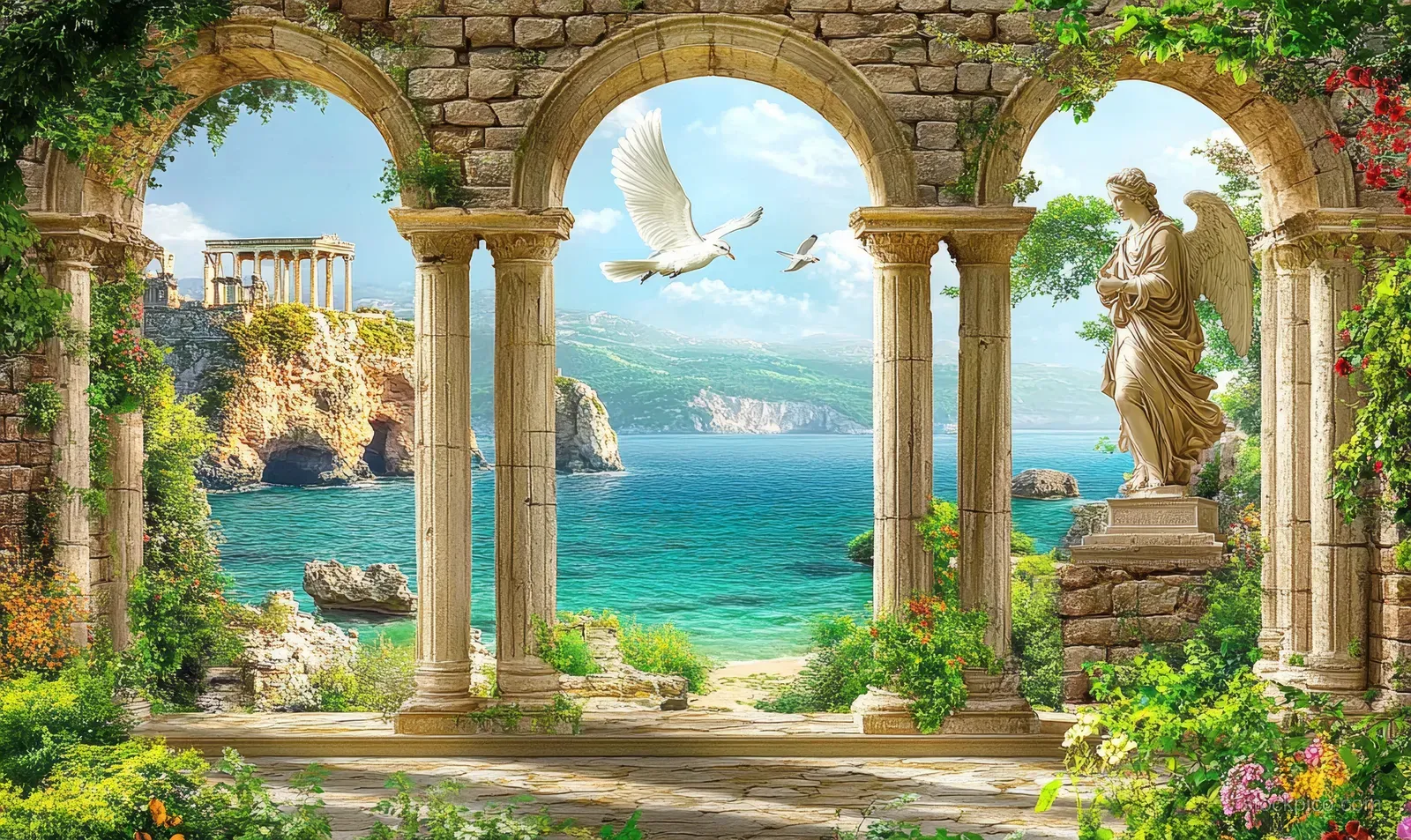 Stone arches from a classical ruin open onto a turquoise seashore with a flying seagull and sea rocks.