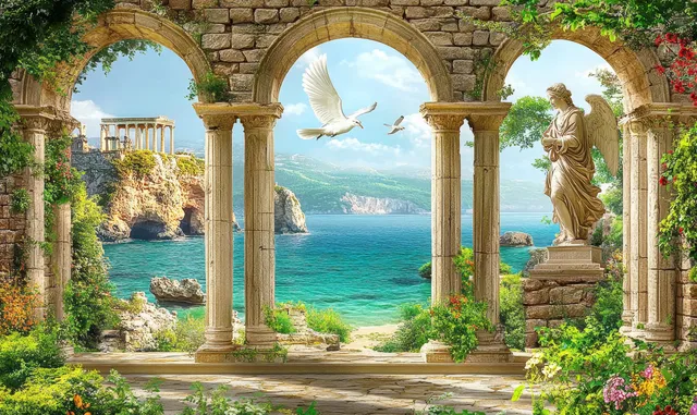 Stone arches from a classical ruin open onto a turquoise seashore with a flying seagull and sea rocks.
