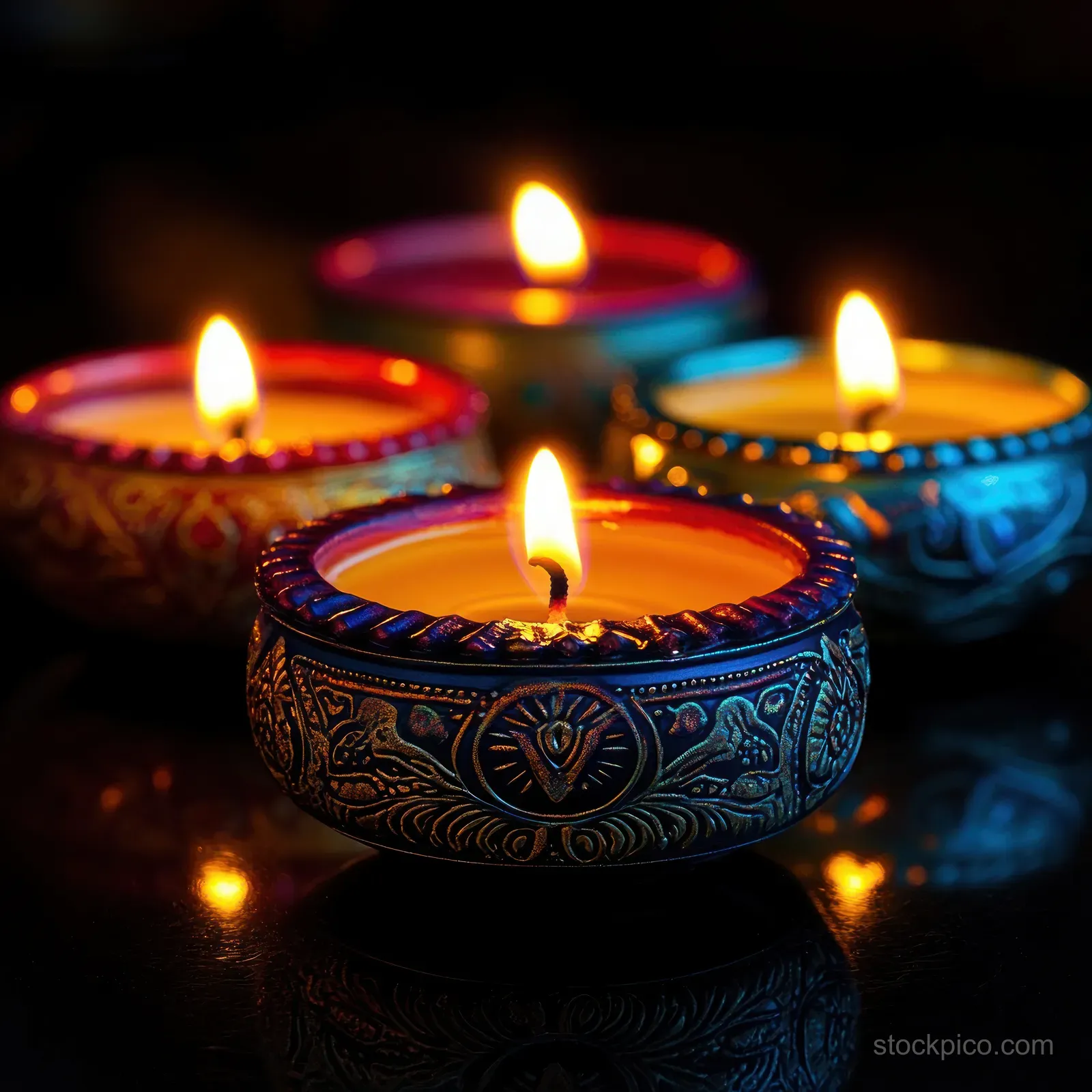 Ornate colorful diya lamps burn with warm flames against a dark background, reflecting on a glossy surface.