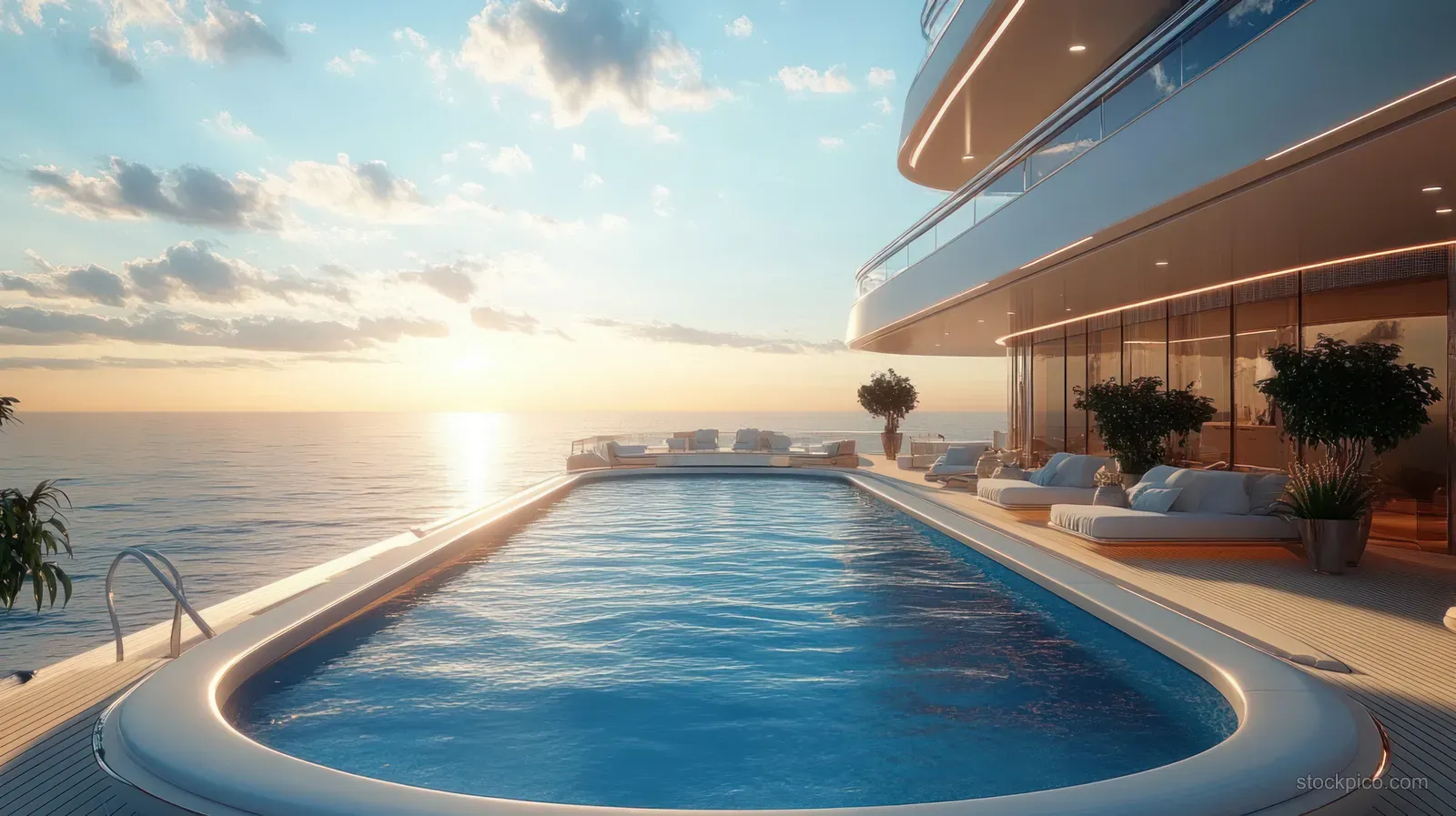 Yacht deck swimming pool with loungers and potted plants beside a calm ocean at sunset.