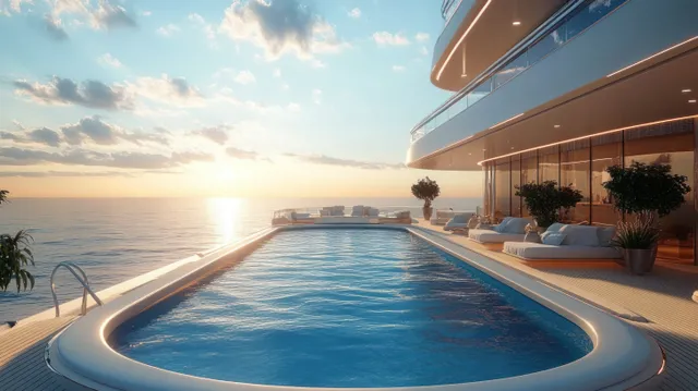 Yacht deck swimming pool with loungers and potted plants beside a calm ocean at sunset.