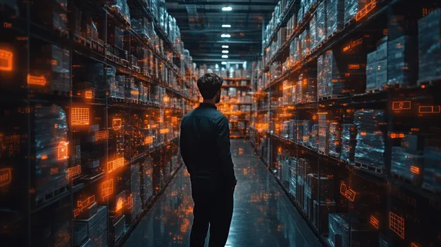 Warehouse manager viewing floating logistics icons between steel racks at night