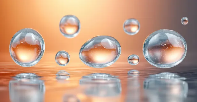 Hyper-real water droplets hovering above a smooth reflective surface with soft glow