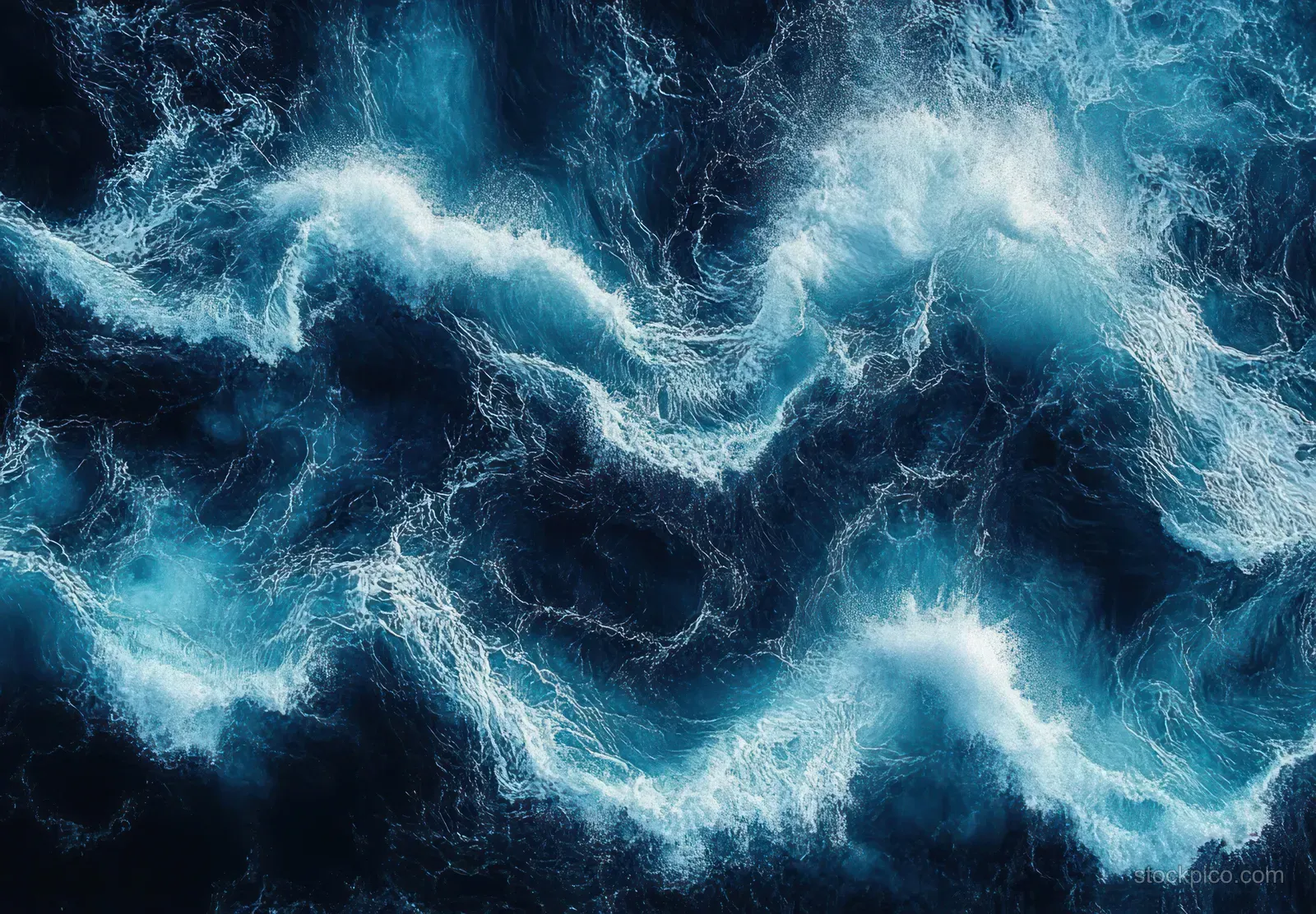 Aerial view shows dark ocean waves crashing and swirling into white foam over the water surface.