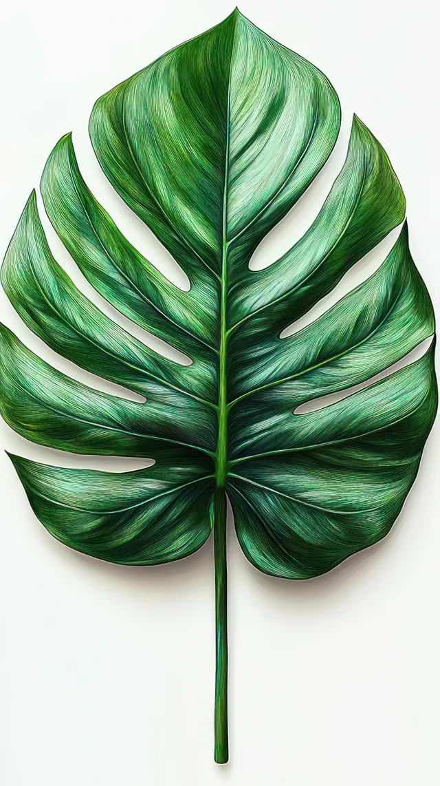 Large green monstera leaf isolated on a white background with visible veins and glossy surface.