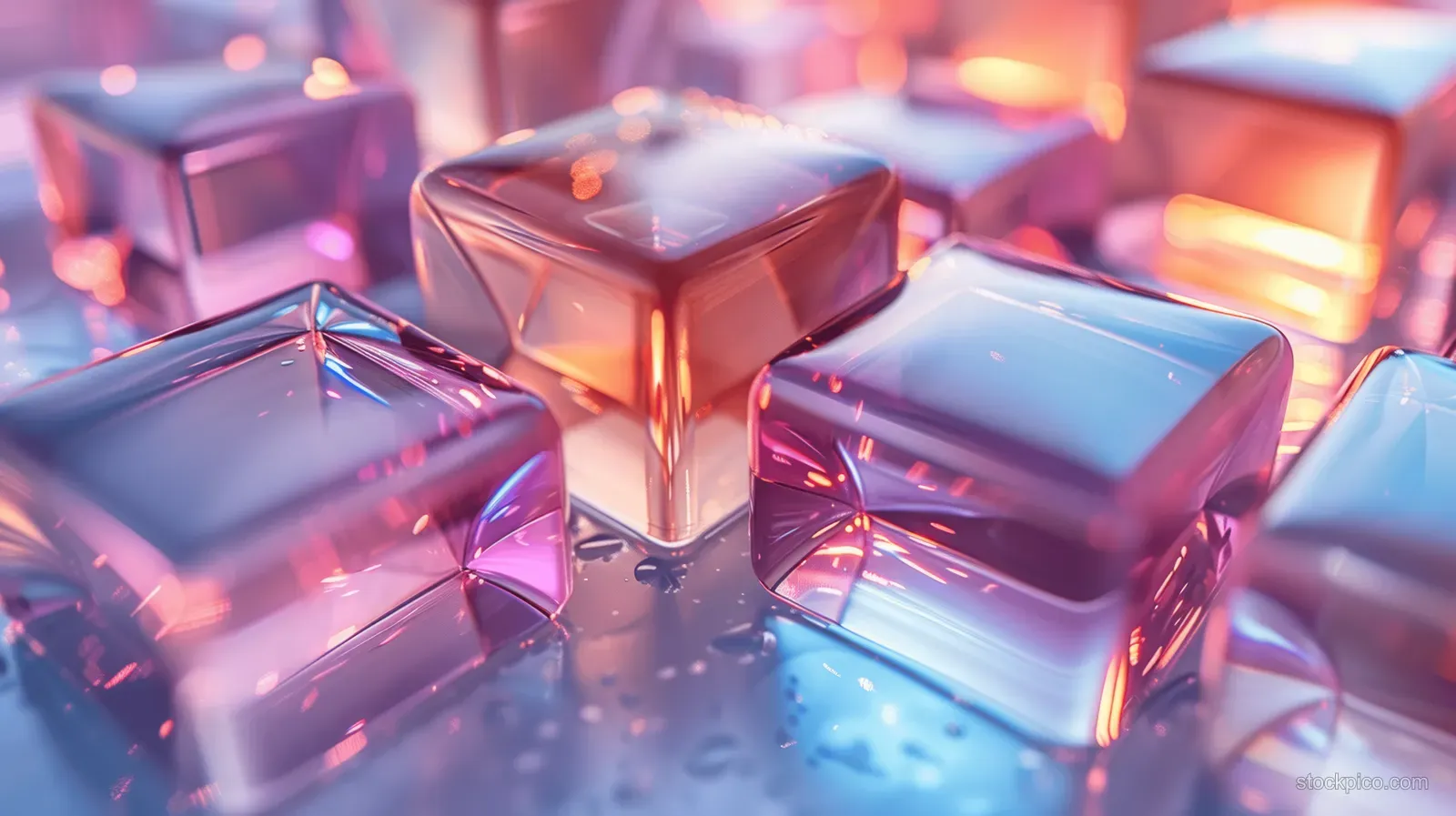 Translucent iridescent holographic cubes stack together, reflecting rainbow light on a white minimal background.