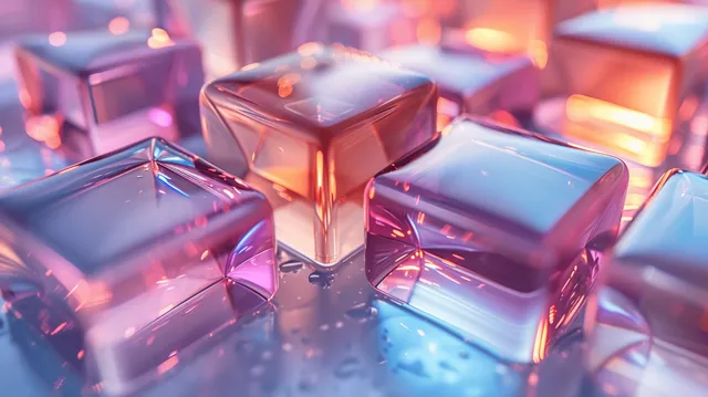 Iridescent holographic cubes swirl on white minimal background, refracting rainbow light