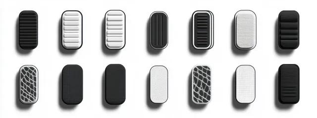 Componentes rectangulares texturizados en negro y blanco dispuestos en una cuadrícula con sombras suaves sobre un fondo blanco.