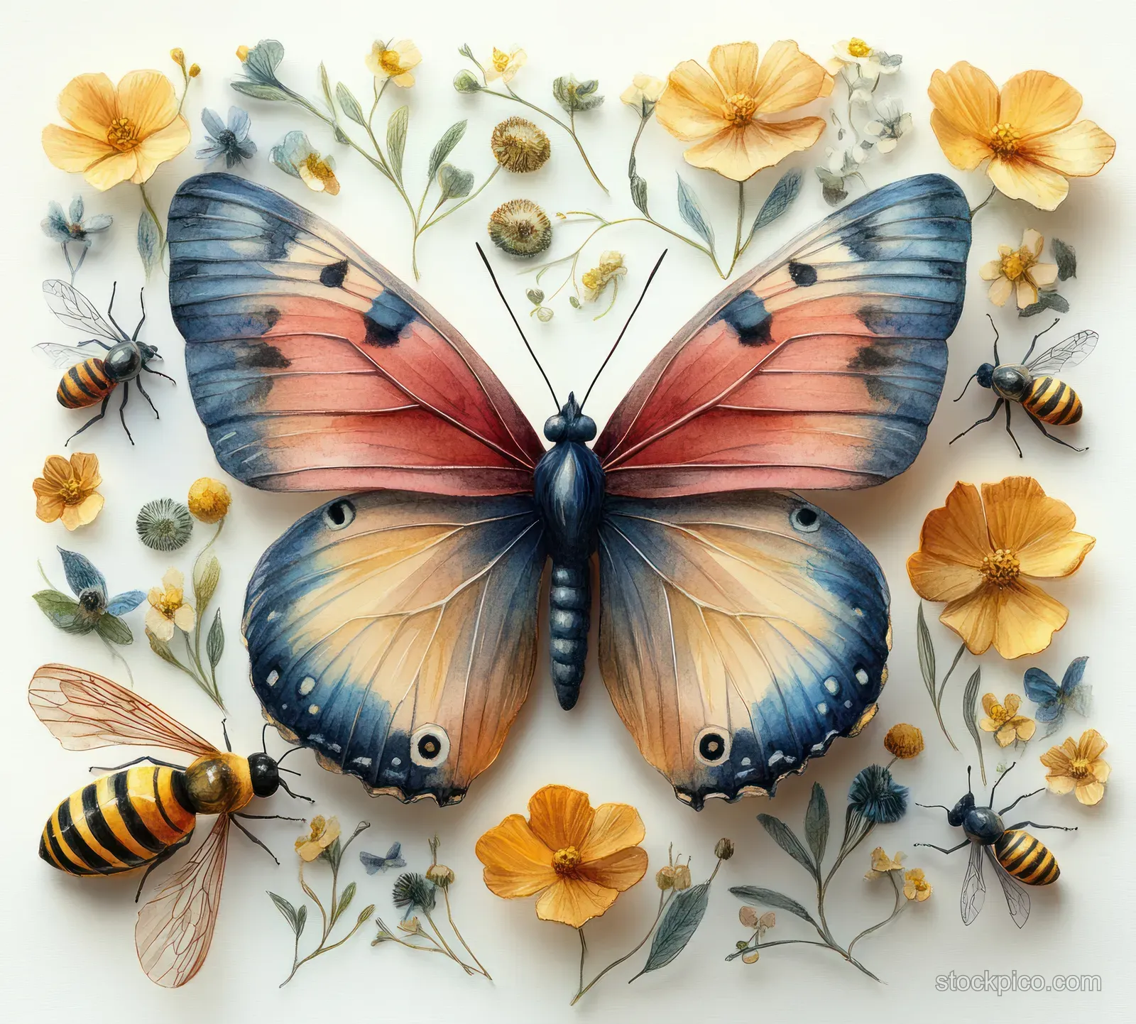 Symmetrical watercolor butterflies with surrounding summer insects and flowers on a soft pastel background.