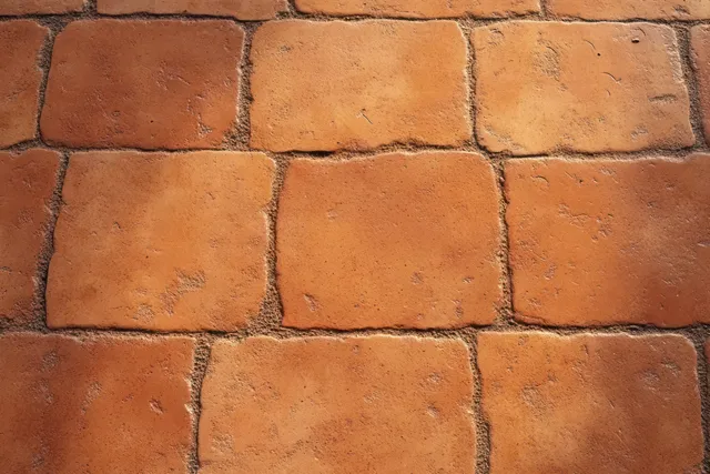 Close-up of square terracotta tiles with rough texture and sandy grout seam lines in warm brown and orange tones.