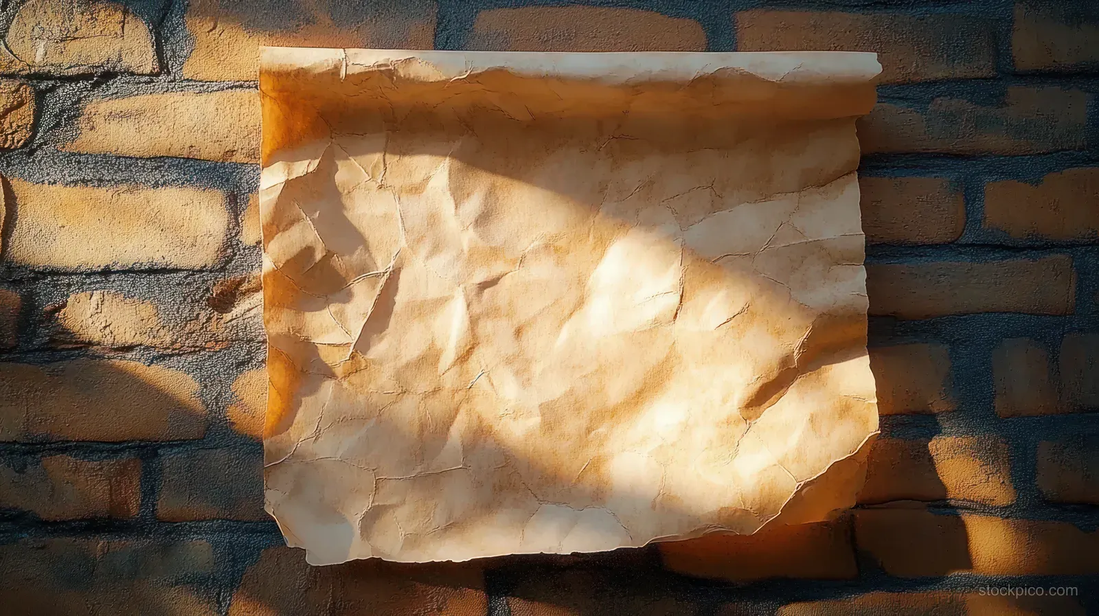 Wrinkled yellow parchment paper is pinned to a textured brick wall under bright sunlight and cast shadows.