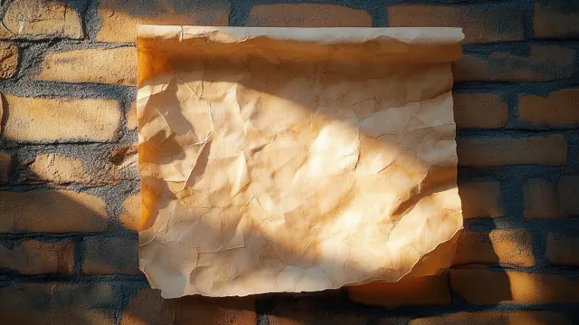 Wrinkled yellow parchment paper is pinned to a textured brick wall under bright sunlight and cast shadows.