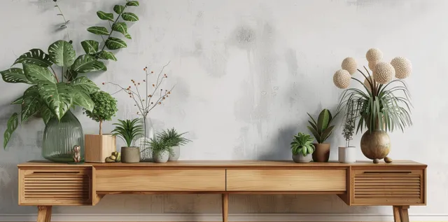 Wooden sideboard decorated with potted plants against a white wall in a minimalist interior.