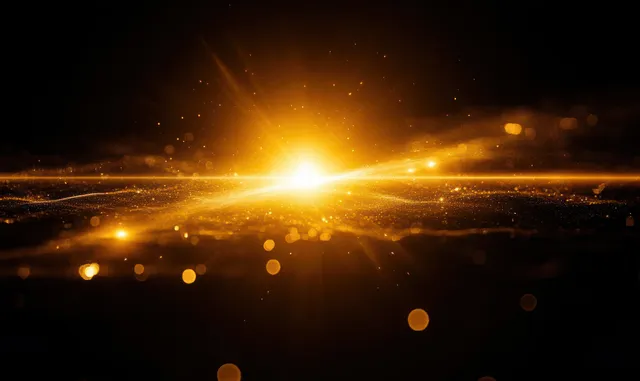 Golden light starburst radiates from the center with glowing orbs and sparkling particles over a dark cosmic background.
