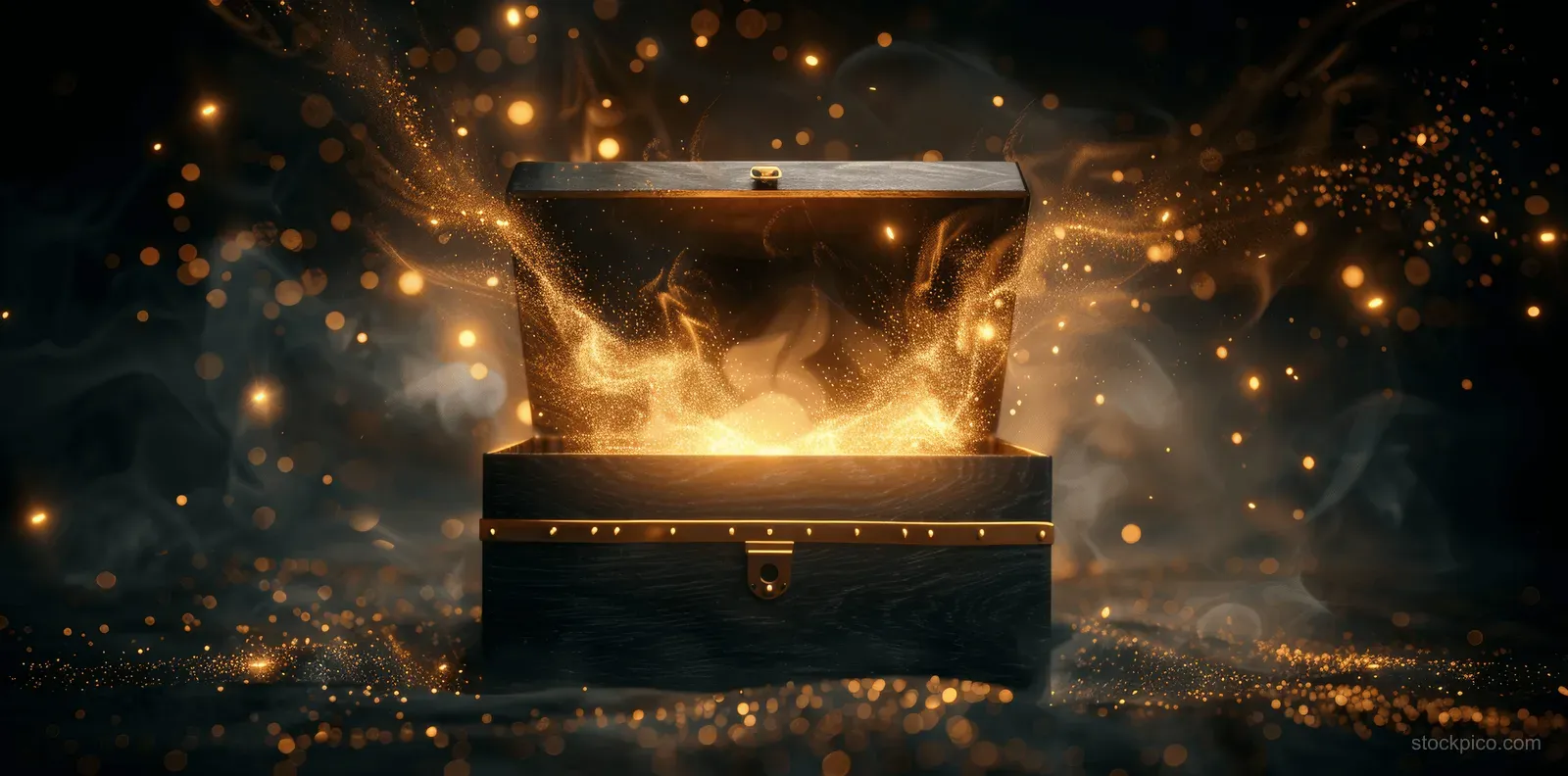 An open wooden treasure chest emits golden magical light with sparkling particles in a dark, mystical atmosphere.