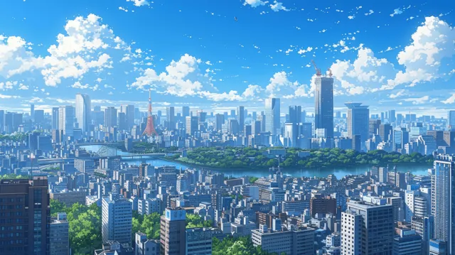 Anime Tokyo skyline over modern rooftops with skyscrapers and bright blue clouds
