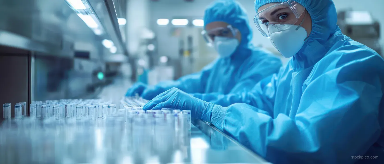 Two scientists in blue protective suits carefully handle transparent test tubes on a bench in a sterile laboratory.